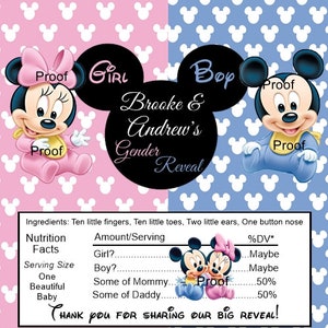 15 Gender Reveal Mickey and Minnie Mouse Candy Bar Wrappers.