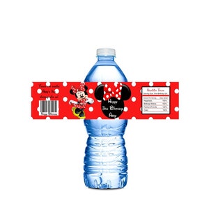 May include: Red and white polka dot water bottle label with a cartoon image of Minnie Mouse. The label says "Happy 3rd Birthday Aaliyah".