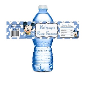 15 Baby Mickey Personalized  Baby Shower Self Stick Water Bottle Wrappers