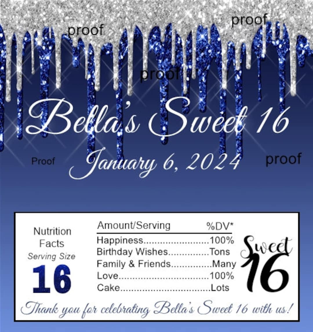 15 Sweet 16 Personalized Royal Blue and Silver Birthday Candy Bar ...