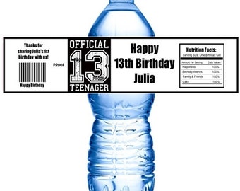 15 13th Birthday Personalized  Water Bottle Wrappers Self Stick Wrapper