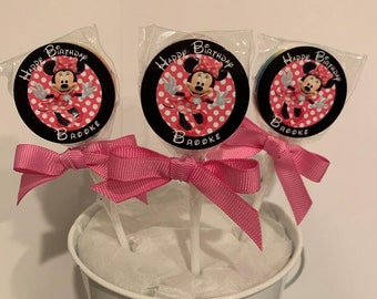 15 Minnie Mouse Personalized Birthday Lollipops clubhouse. Lollipops are ONE AND a HALF inches round or 1 3/4 inches round