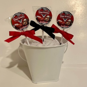 15 Disney Cars Personalized Birthday Lollipops. Lollipops are ONE AND a HALF inches round or 1 3/4 inches round.