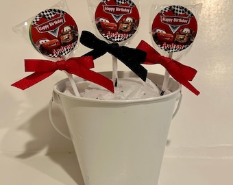 15 Disney Cars Personalized Birthday Lollipops. Lollipops are ONE AND a HALF inches round or 1 3/4 inches round.