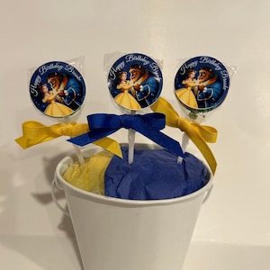 15 Beauty and the Beast personalized Birthday Lollipops. Lollipops are ONE AND a HALF inches round or 1 3/4 inches round.