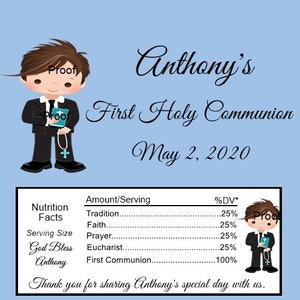 May include: A blue and white invitation for a First Holy Communion celebration. The invitation features a cartoon boy in a suit holding a bible and a cross. The text on the invitation reads "Anthony's First Holy Communion May 2, 2020".