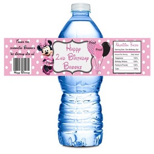 15 Personalized Minnie Mouse Pink Water Bottle Wrappers Self Stick Wrapper