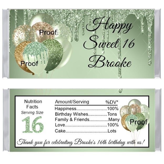 15 Sweet 16 Personalized Sage and Gold Balloon Birthday Candy Bar ...