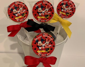 15 Mickey and Minnie Mouse Personalized Birthday Lollipops. Lollipops are ONE AND a HALF inches round.