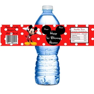 May include: Red and white water bottle label with a Mickey Mouse cartoon character, polka dots, and the text "Happy 1st Birthday Andrew".