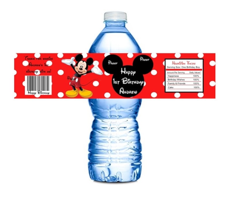 May include: Red and white water bottle label with a Mickey Mouse cartoon character, polka dots, and the text "Happy 1st Birthday Andrew".