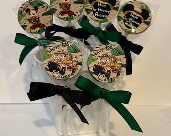 15 Mickey  Mouse Safari Personalized Birthday Lollipops. Lollipops are ONE AND a HALF inches round or 1 3/4 inches round.