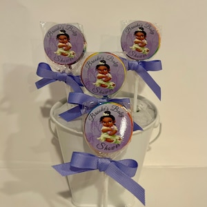 15 Baby Princess Tiana Personalized Baby Shower Lollipops. Lollipops are ONE AND a HALF inches round or 1 3/4 inches round.