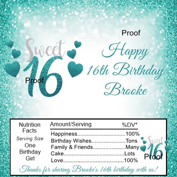 15 Sweet 16 Birthday Candy Bar Wrappers Teal