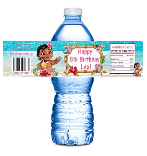 15 Baby Moana Personalized  Water Bottle Wrappers Self Stick Wrapper