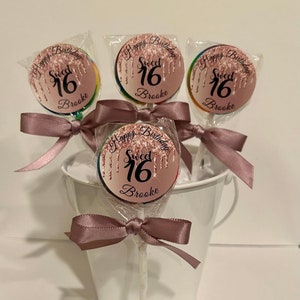 15 Sweet 16 personalized Birthday Lollipops. Lollipops are ONE AND a HALF inches round.