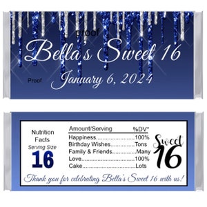 15 Sweet 16 Personalized Royal Blue and Silver Birthday Candy Bar ...