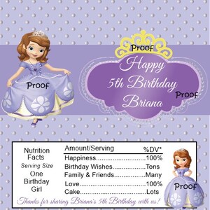 May include: Purple and yellow birthday party favor label with a cartoon princess character, a crown, and the text "Happy 5th Birthday Briana". The label also includes a nutrition facts table with the text "Proof" repeated throughout.