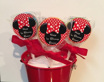 15 Minnie Mouse Ears Personalized Birthday Lollipops Red. Lollipops are ONE AND a HALF inches round.