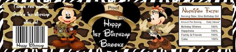 May include: A brown and black zebra print background with a brown and black leopard print pattern.  The image features Mickey Mouse and Minnie Mouse dressed in safari outfits.  The text "Happy 1st Birthday Brooke" is in white letters on a black background.  The text "Nutrition Facts" is in black letters on a white background.  The text "Serving Size: One Birthday Girl" is in black letters on a white background.  The text "Amount Per Serving" is in black letters on a white background.  The text "Daily Values" is in black letters on a white background.  The text "Birthday Wishes" is in black letters on a white background.  The text "100%" is in black letters on a white background.  The text "Happiness" is in black letters on a white background.  The text "100%" is in black letters on a white background.  The text "Family & Friends" is in black letters on a white background.  The text "100%" is in black letters on a white background.  The text "Cake" is in black letters on a white background.  The text "100%" is in black letters on a white background.
