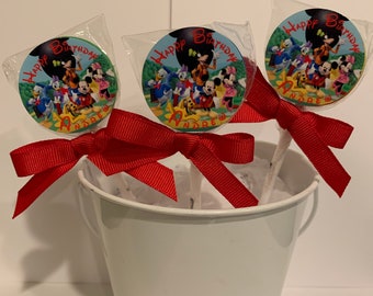 15 Mickey and Friends Personalized Birthday Lollipops. Lollipops are ONE AND a HALF inches round or  1 3/4 inches round