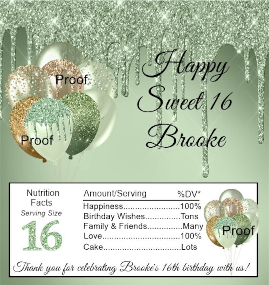 15 Sweet 16 Personalized Sage and Gold Balloon Birthday Candy Bar ...