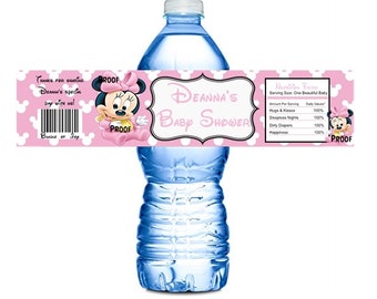 15 Baby Minnie Mouse Personalized  Baby Shower Self Stick Water Bottle Wrappers