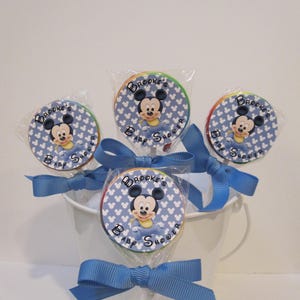 15  Baby Minnie or Baby Mickey Mouse Personalized Baby Shower Lollipops. Lollipops are ONE AND a HALF inches round or 1 3/4 inches round.