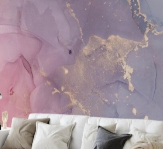 Marble textured Wallpaper Mural - pink, purple and gold yellow removable wallpaper, peel and stick option