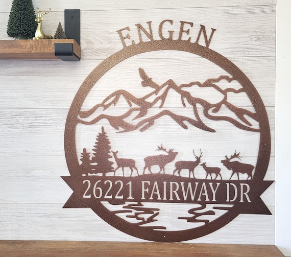 Personalized elk sign | elk address sign | outdoor pine tree mountain scene | hunter gift | cabin metal wall art | camp lodge