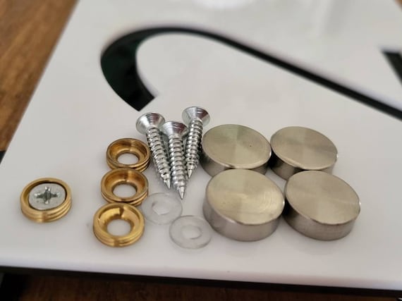 Stainless steel screw cover cap | decorative sign fasteners | address sign hardware kit | brush stainless steel and brass hardware kit