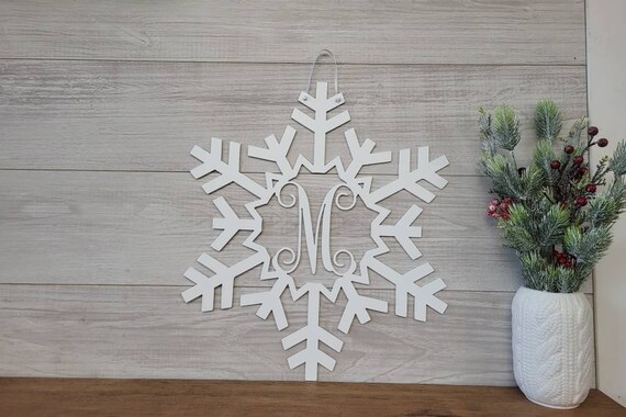Monogram Snowflake Sign Snowflake Door Hanger Family Name Initial Wreath Custom Winter Decor Christmas Gift Last Name Weatherproof Sign