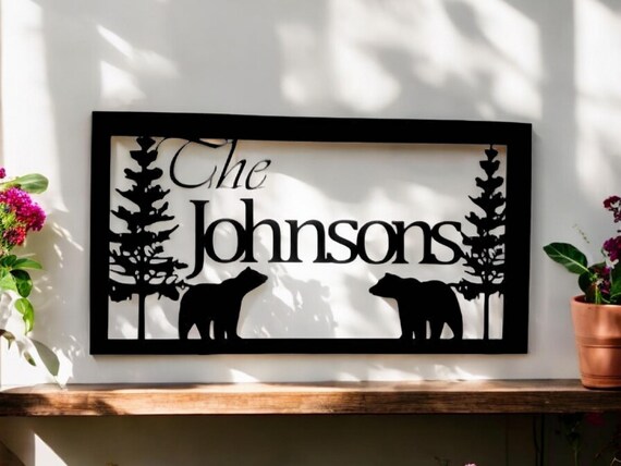 Personalized Bear Sign Custom Family Last Name Sign Outdoor Pine Tree Mountain Scene Nature Hunter Gift Cabin Metal Wall Art Lodge