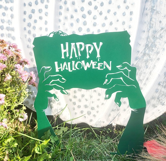 Metal Happy Halloween Garden Sign, Zombie Hands Decor, Cemetery Halloween Garden Stakes, Grave Yard Art, Outdoor Sign, Metal Halloween Sign