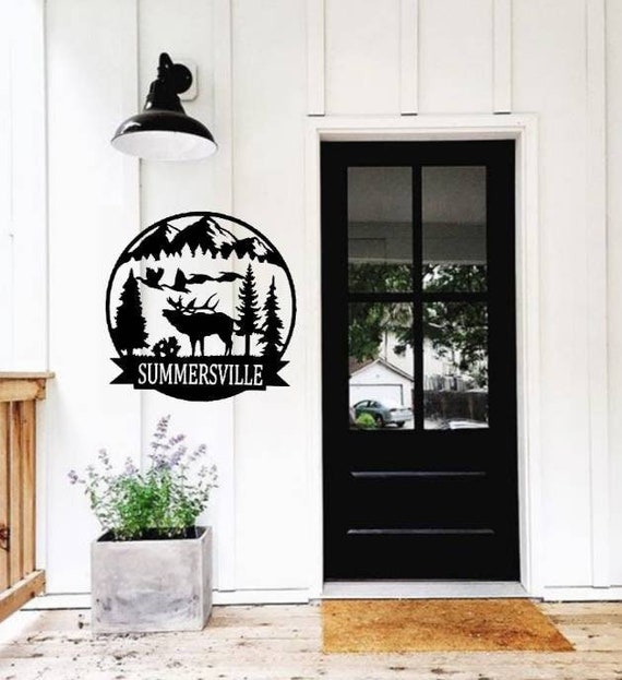 Personalized moose sign | last name moose address sign | outdoor pine tree mountain scene | hunter gift | cabin metal wall art | camp sign