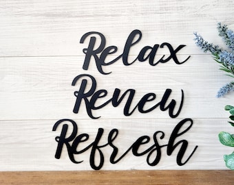 Relax Refresh Renew Metal Word Signs | Bathroom Spa Decor