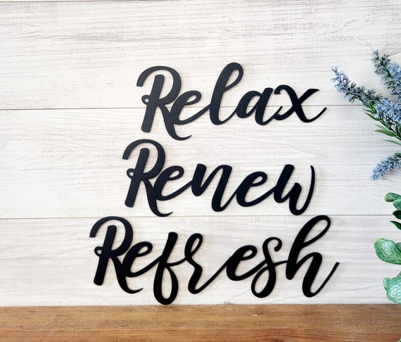 Relax refresh renew signs | relax bath sign | bathroom decor | set of 3 bath signs | cursive metal words | restroom | spa relax refresh sign