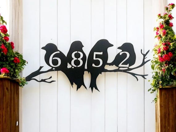 Birds on a limb house number address metal sign metal art handmade any numbers digits weatherproof bird address sign animal tree branch