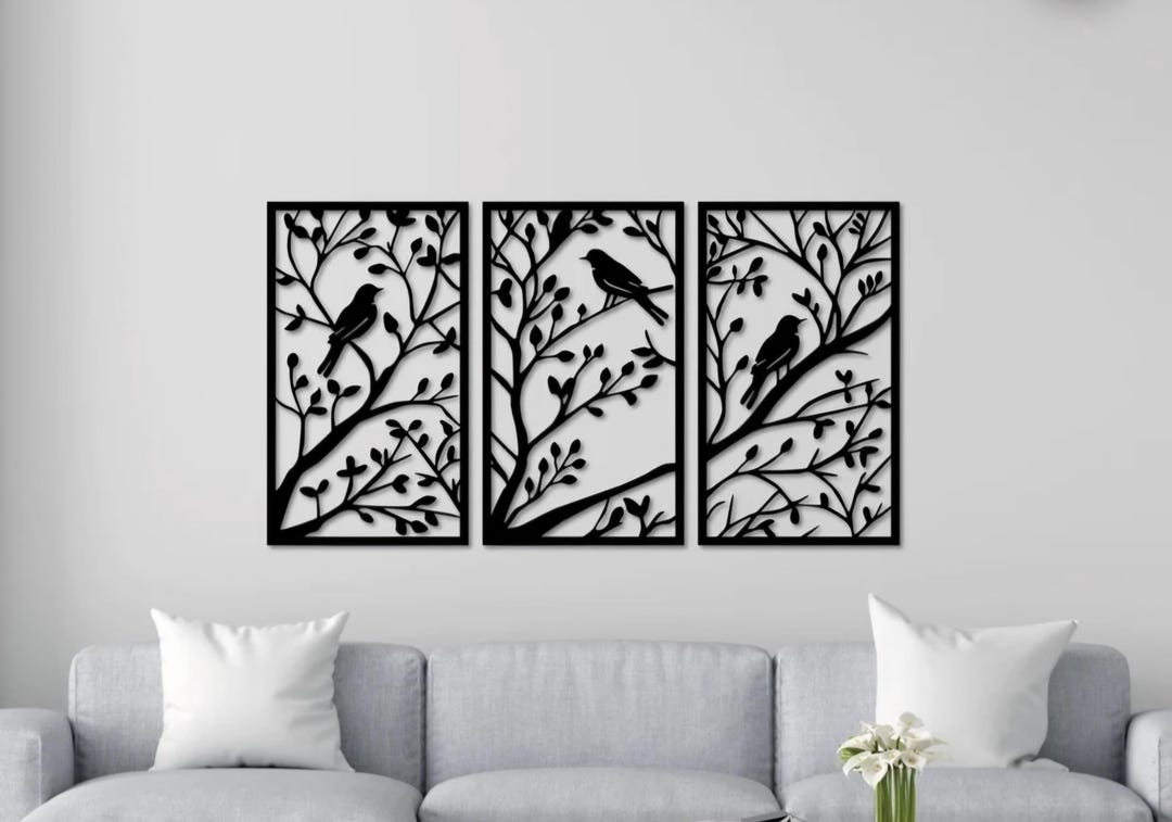 3 Piece Birds on a Tree Branch Sign | Metal Bird Wall Art | Bird Scene ...
