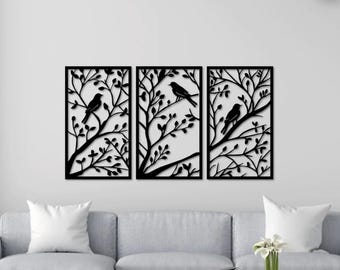 3 Piece Birds on a Tree Branch Sign | Metal Bird Wall Art | Bird Scene