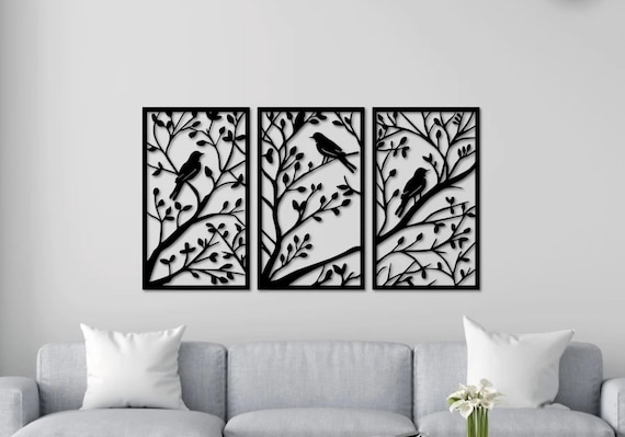 3 Piece Birds on a Tree Branch Sign | Metal Bird Wall Art | Bird Scene