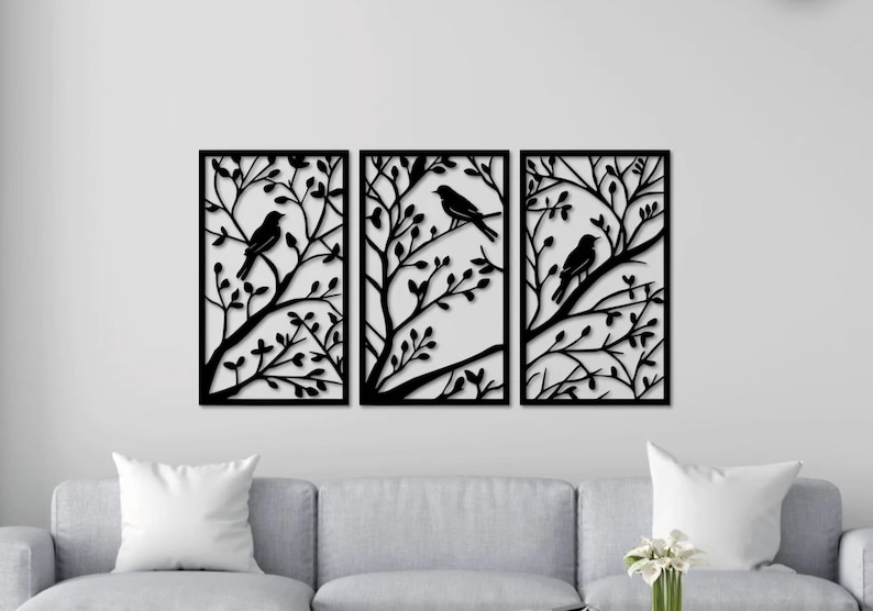 3 Piece Birds on a Tree Branch Sign | Metal Bird Wall Art | Bird Scene ...