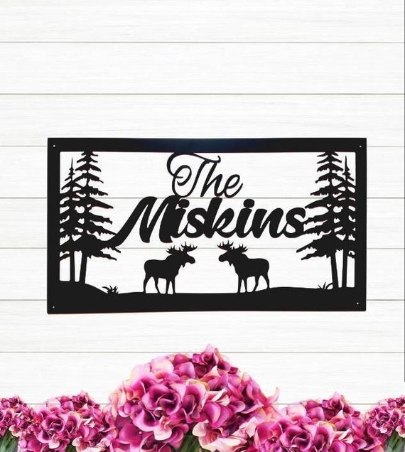 Personalized moose sign custom family last name sign outdoor pine tree mountain scene nature hunter gift cabin metal wall art lodge