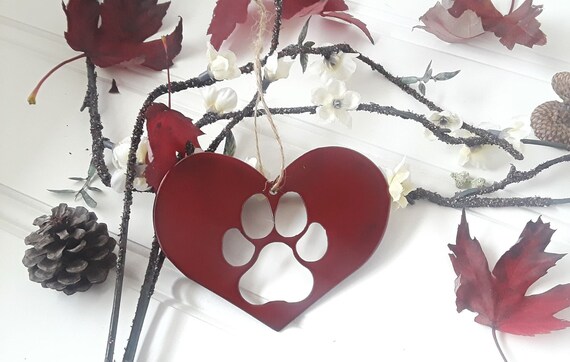 Dog paw ornament heart rustic steel love recycled metal christmas tree ornaments holiday gift animal pet puppy pets mans best friend