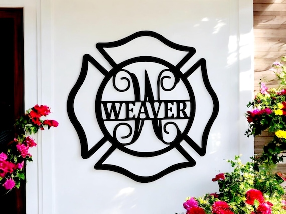 Fireman Last Name Sign | Metal Monogram Wreath | Framed Family Initial | Split Letter Door Hanger | Fire Department | Fire Rescue Gift