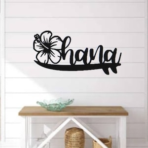 Ohana metal sign | hibiscus flower surfboard sign | cursive ohana sign | hawaiian family sign | world explorer gift | hawaiian decor