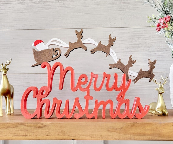 Freestanding Merry Christmas Sign | Santa and Reindeer Sleigh Sign | Christmas Display | Holiday Tier Tray Decor | Winter Wonderland Decor
