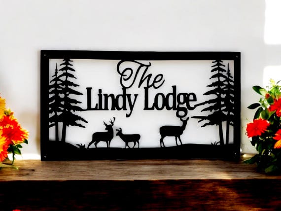 Personalized Deer Sign Custom Family Last Name Sign Outdoor Pine Tree Mountain Scene Nature Hunter Gift Cabin Metal Wall Art Lodge