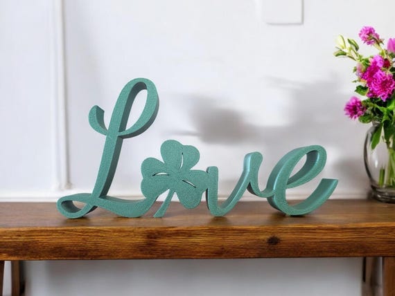 Freestanding Shamrock Love Sign | St Patrick's Day Décor | Thick Love Sign | Script Cursive Love Sign | Luck of the Irish Decoration