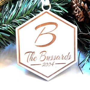 Monogram Hexagon Christmas Ornament Engraved Wood Ornaments Personalized Family Name Established Date Wedding Anniversary Gift Laser Cut